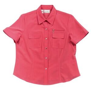 Cathy Che Stretch Coral Snap Button Front Blouse Short Sleeve Zip Pocket Top 12